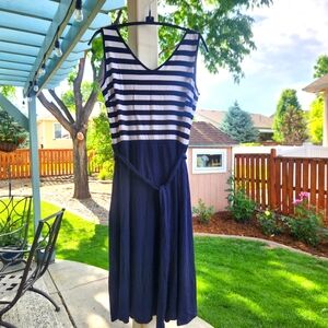 Talbots‎ Navy and White Striped Sleeveless Dress with Belt, Size MP